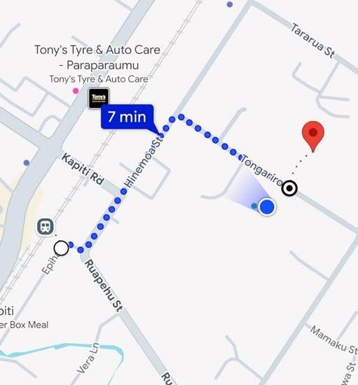 Map: 7 minute walk from Paraparaumu station via Hinemoa St to 27 Tongariro Street